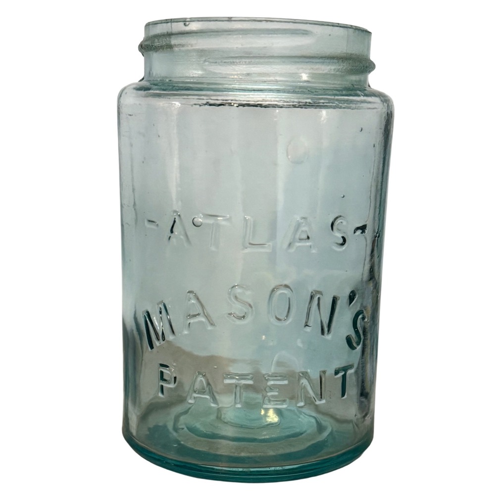 Vintage Atlas Mason's Patent Aqua Glass Antique Blue Canning Jar Round Pint